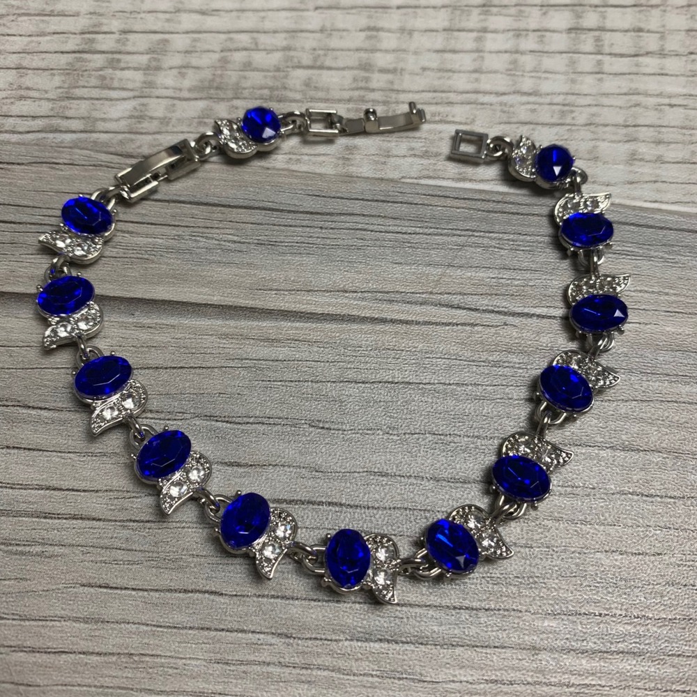 Silver Tone Blue Crystal Rhinestone Link Bracelet Royal Blue Oval Stones 8.25"